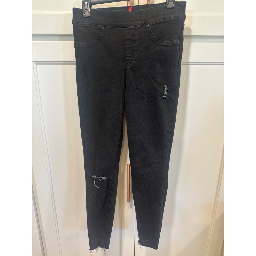 Spanx Distressed Denim Jeggings Black Pull On Medium Wash Ripped Knee